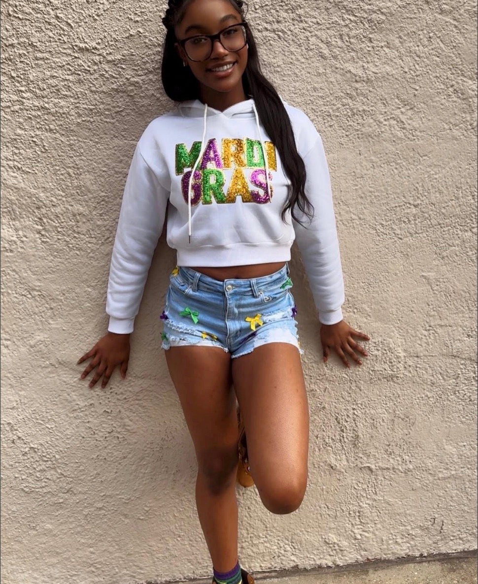 Mardi Gras Cropped Glitter Patch Hoodie