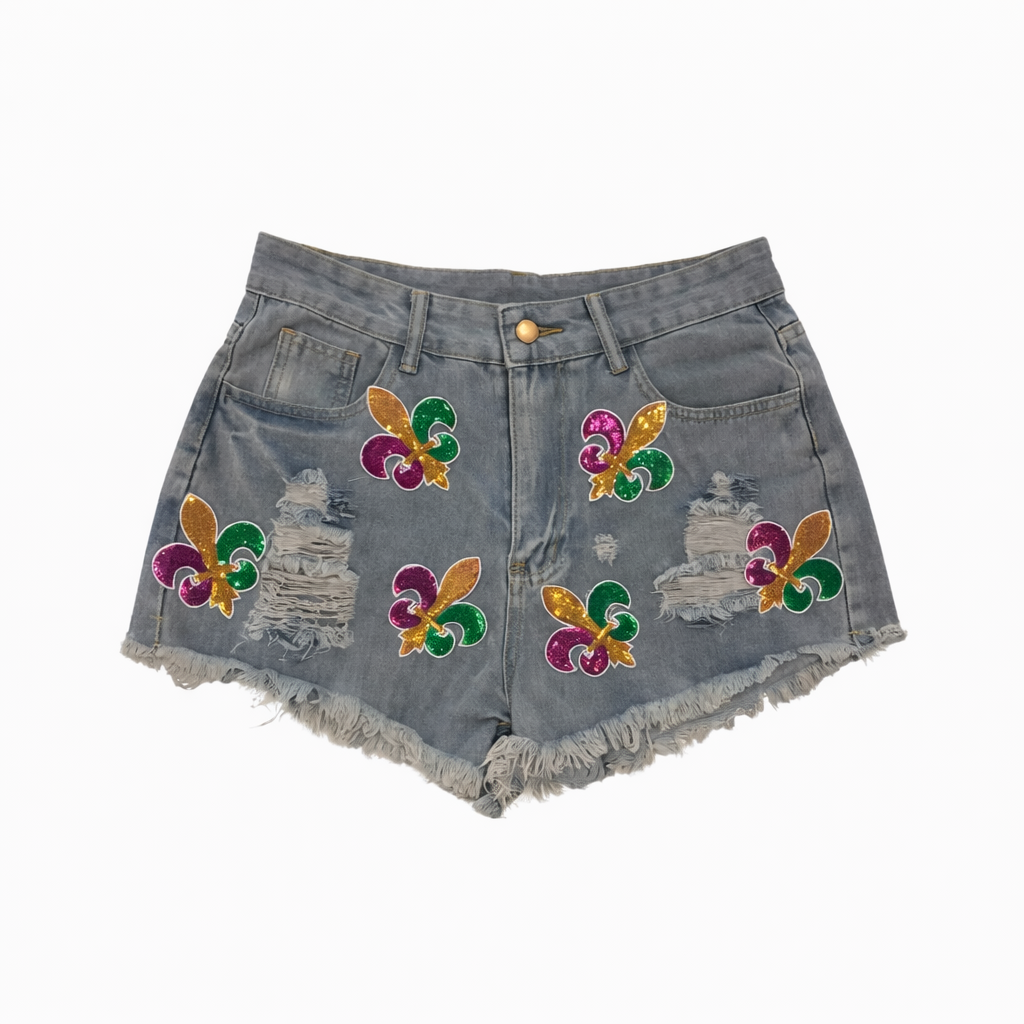 Mardi Gras Fleur de Lis Denim Shorts