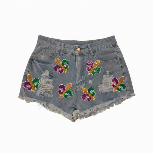Mardi Gras Fleur de Lis  Denim Shorts