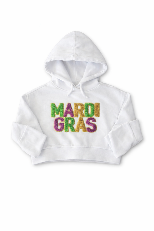 Mardi Gras Cropped Glitter Patch Hoodie