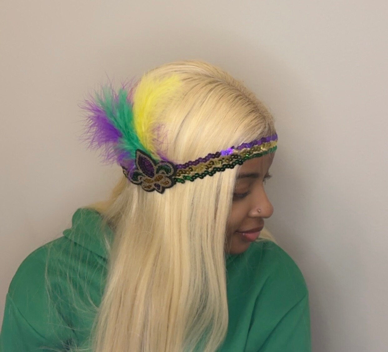 Mardi Gras Faux Feather Sequin Headband