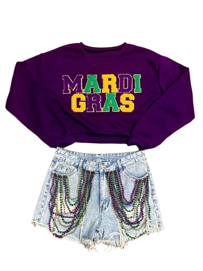 Mardi Gras Cropped Chenille Patch Sweatshirt