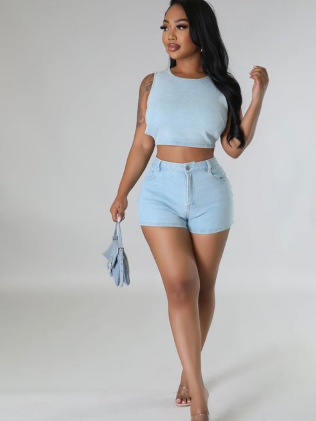 Denim Crop Top and Short Set - Seaux Neauxla