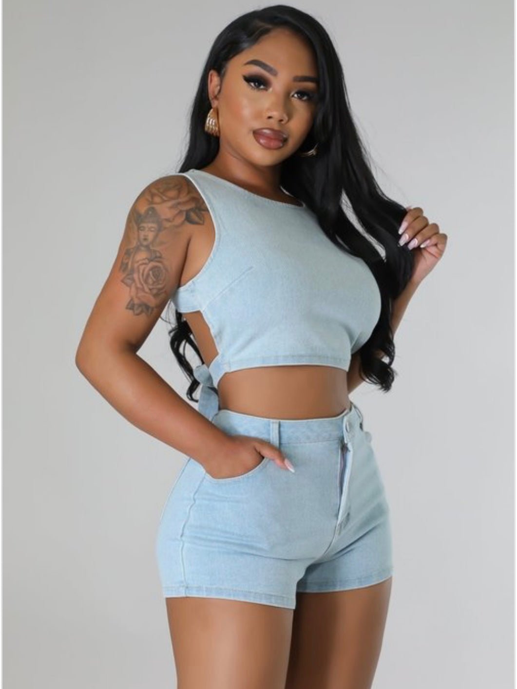 Denim Crop Top and Short Set - Seaux Neauxla