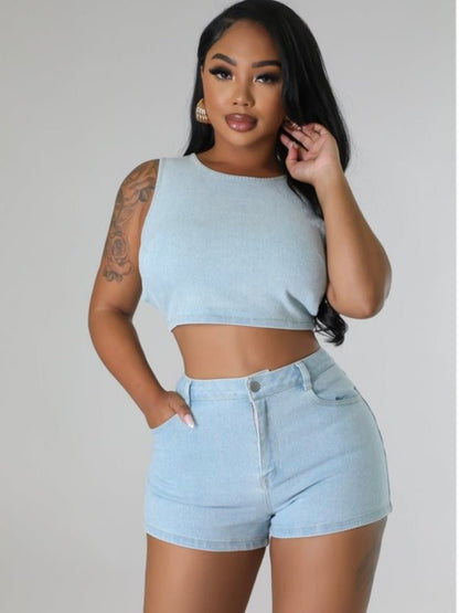 Denim Crop Top and Short Set - Seaux Neauxla